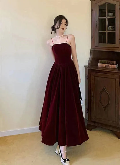 Spaghetti Straps Burgundy Velvet Prom Dress Simple Prom Dress Party Dress C2320