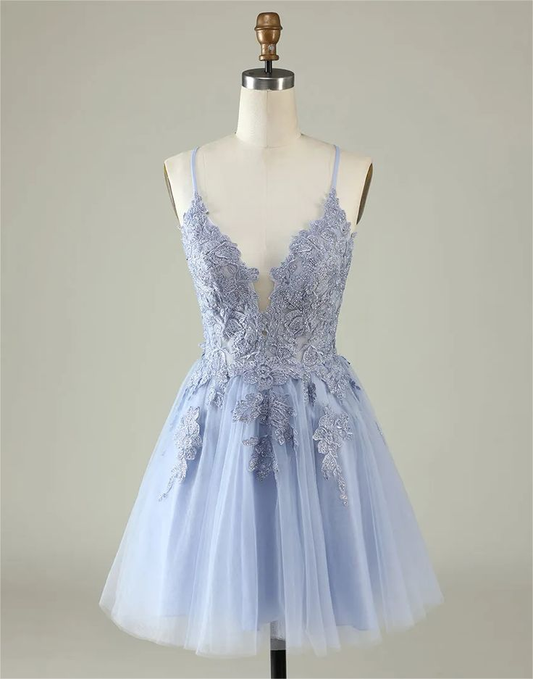 Spaghetti Straps Tulle Appliques Short Backless Prom Dress Party Dress cc1778