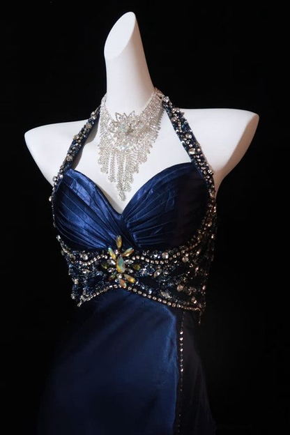 Gorgeous Navy Blue Halter Beaded Satin Memiad Prom Dress Fashion Slit Party Prom Dress cc2460
