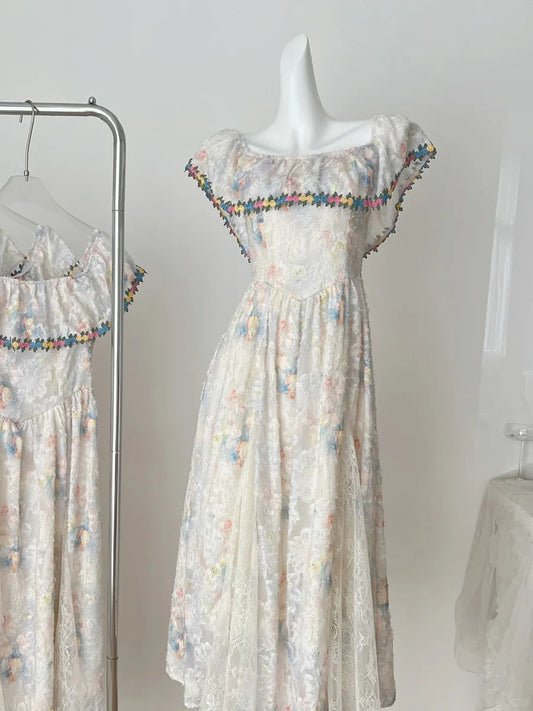 Vintage A-line Colorful Floral Lace Long Prom Dress Evening Dress cc5272