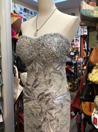 Elegant Grey Mermaid Strapless Sequined Lace Long Prom Dress Evening Dress cc5318