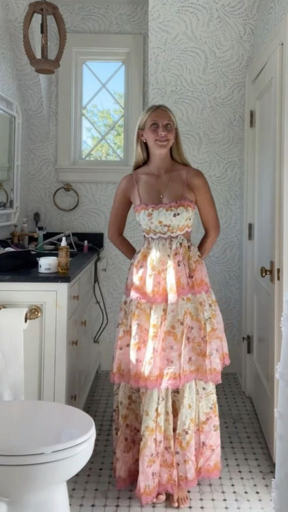 Sweet Spaghetti Straps Tiered Print A-Line Prom Dress Long Prom Evening Dress cc1534