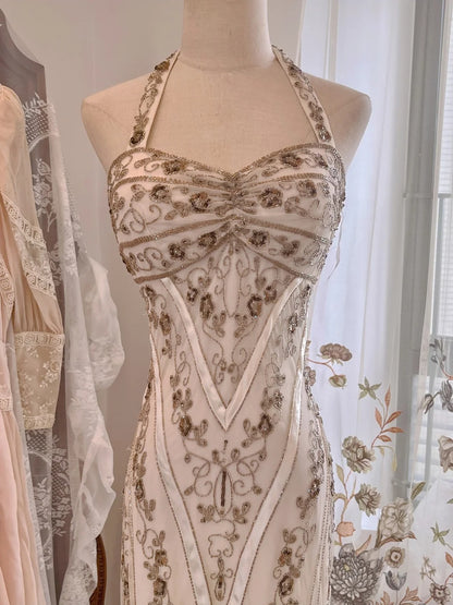 Vintage White Mermaid Halter Neck Beaded Backless Tulle Long Prom Dress Evening Dress cc5323