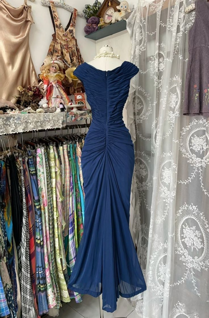 Vintage Mermaid Navy Blue Pleated Floor Length Party Dress Prom Dress cc3004