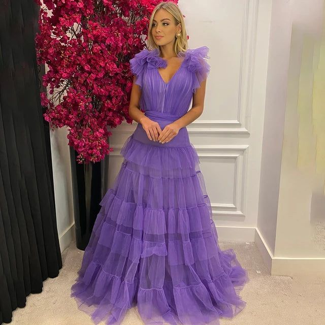 Purple Evening Prom Dress, Tulle Prom Evening Dress cc1024