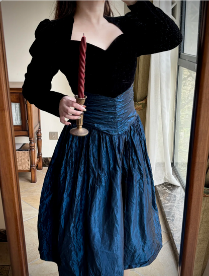 Vintage Black And Blue A-line Long-sleeved Velvet And Satin Prom Dress Evening Dress cc5339