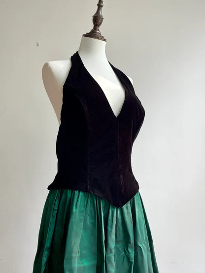 Retro Black And Green A-line Halter Neck Velvet And Satin Prom Dress Evening Dress cc5340
