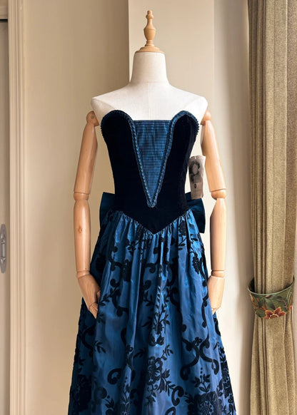 Retro Blue And Black A-line Strapless Bow Jacquard Velvet Long Prom Dress Evening Dress cc5341