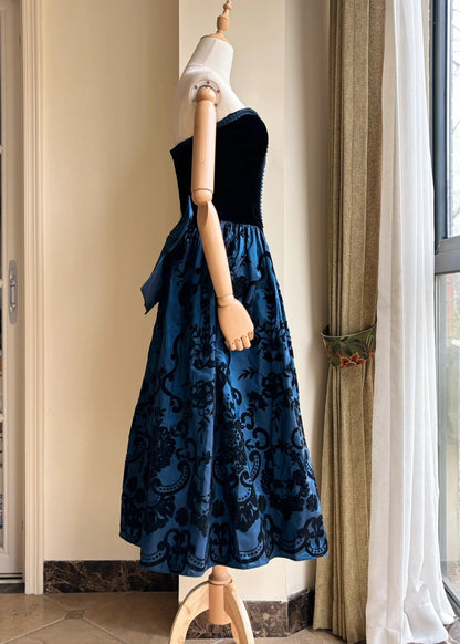 Retro Blue And Black A-line Strapless Bow Jacquard Velvet Long Prom Dress Evening Dress cc5341