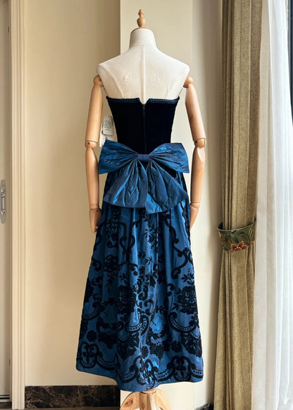 Retro Blue And Black A-line Strapless Bow Jacquard Velvet Long Prom Dress Evening Dress cc5341