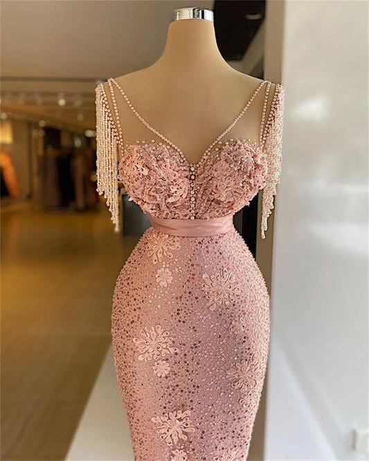 Pink Mermaid Prom Dresses V Neck Sequins Pearls Tassel Famous Long Formal Red Carpet Gowns cc1177