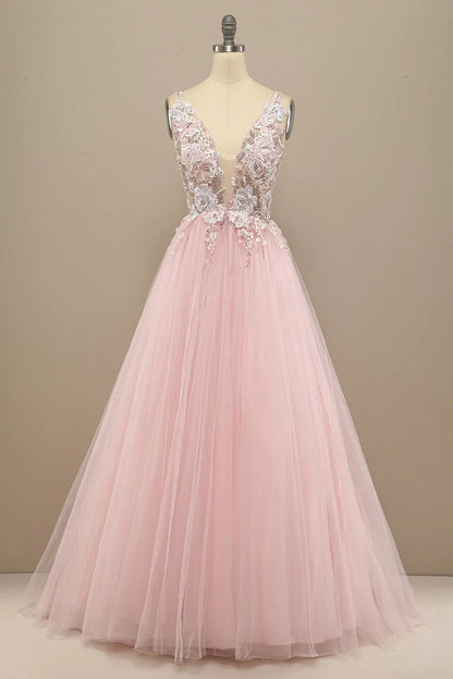 Pink Floral Embroidery V Neck Long Prom Dress  C1708