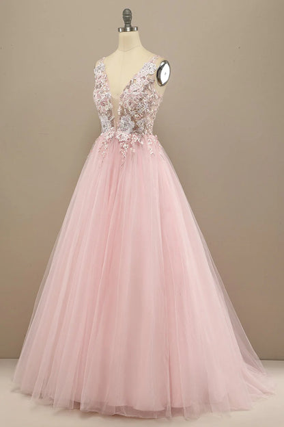 Pink Floral Embroidery V Neck Long Prom Dress  C1708