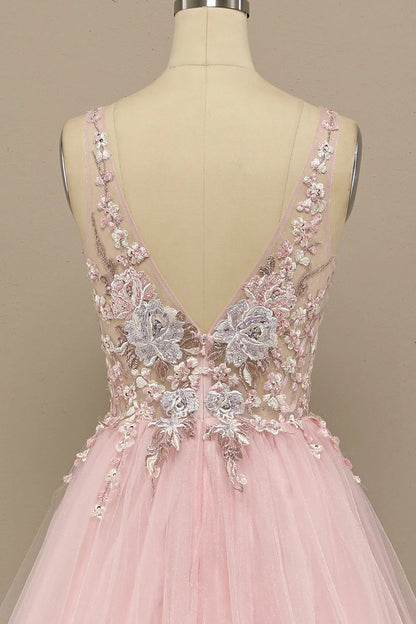 Pink Floral Embroidery V Neck Long Prom Dress  C1708