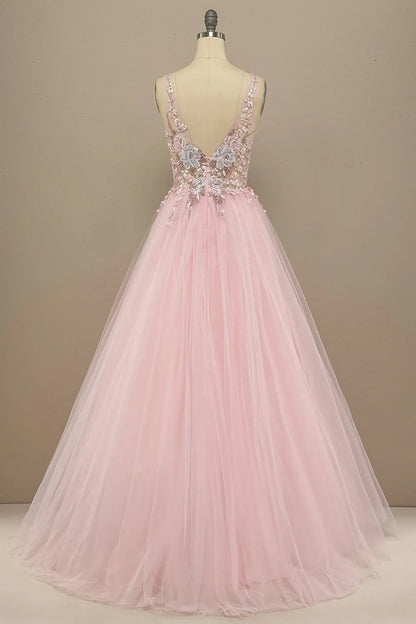 Pink Floral Embroidery V Neck Long Prom Dress  C1708