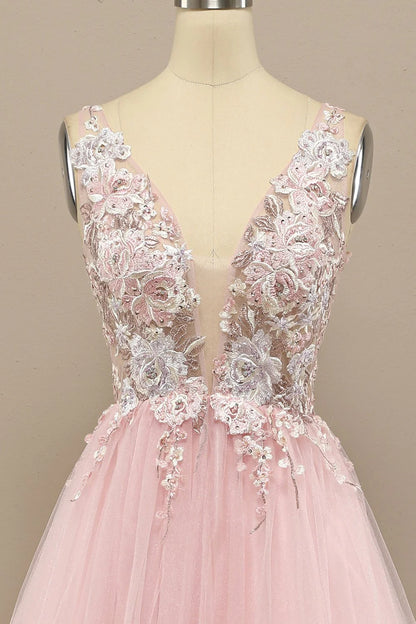 Pink Floral Embroidery V Neck Long Prom Dress  C1708