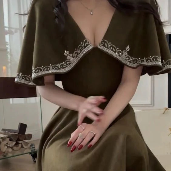 Retro Style V Neck Long Prom Dress,Winter Dance Dress cc578