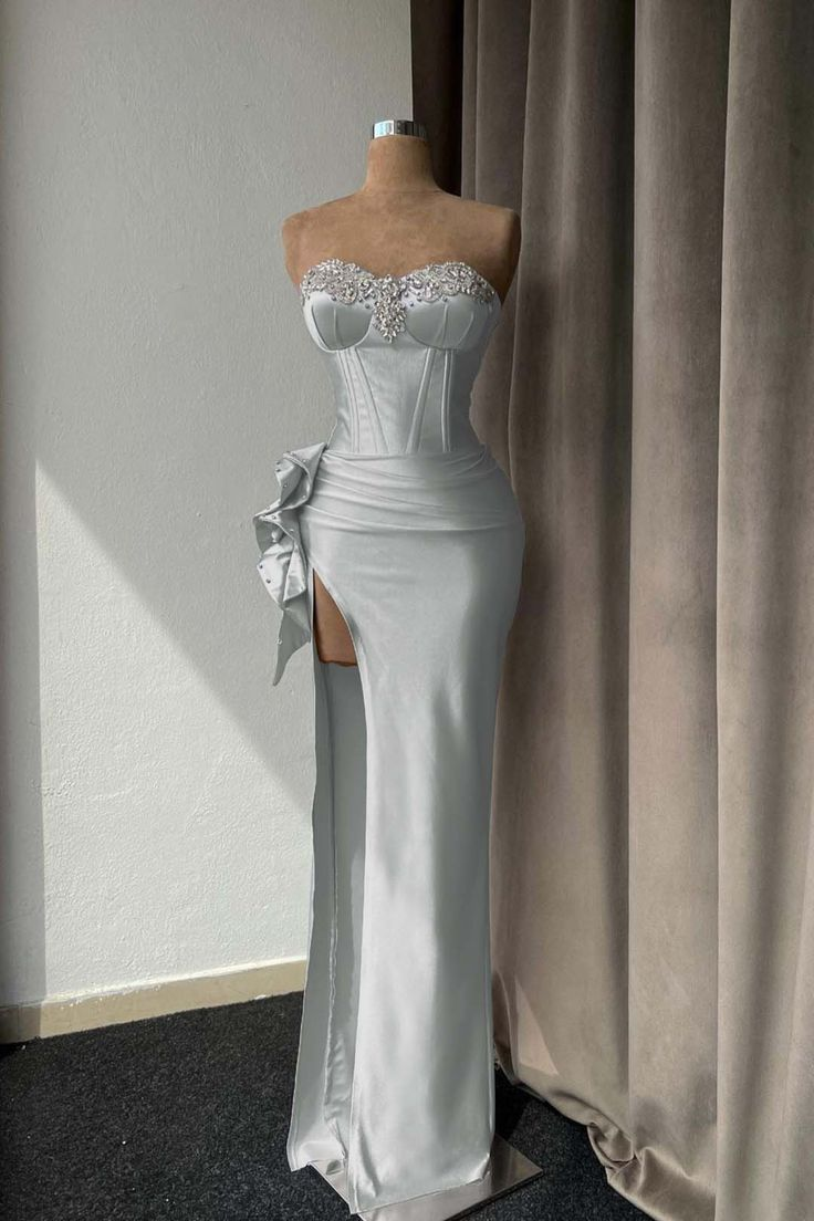 Luxurious Silver Strapless Beaded Slit Evening Dress Sheath Prom Dress cc1654