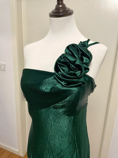 Elegant Dark Green 3D Floral One-shoulder Satin Long Prom Dress Evening Dress cc5342