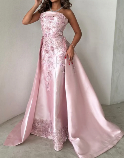 Pretty Pink Strapless Satin Appliques Beaded Formal Prom Dress,Long A Line Party Evening Gown cc2870