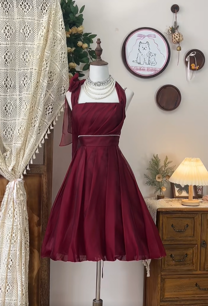 Vintage Burgundy Halter Beaded A Line Short Homecoming Dress Cocktail Dress cc3098
