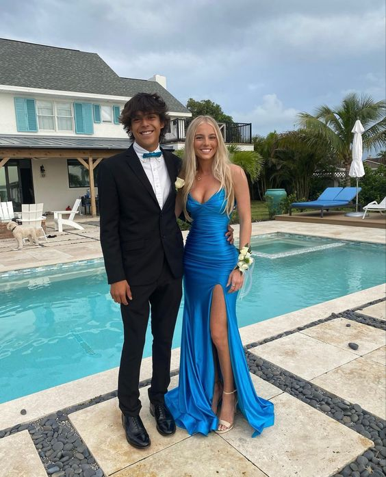 Elegant Blue V Neck Prom Dress With Split,Blue Formal Dress cc1211
