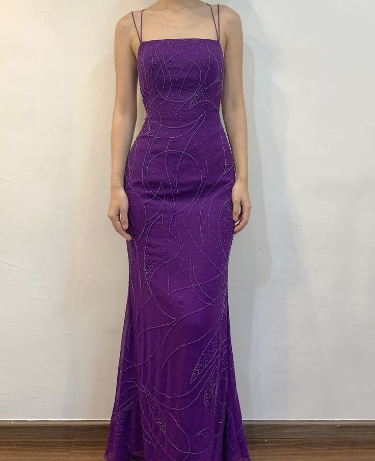 Pretty Spaghetti Straps Mermiad Beaded Evening Dress Purple Long Party Prom Dress cc2151