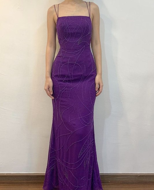 Pretty Spaghetti Straps Mermiad Beaded Evening Dress Purple Long Party Prom Dress cc2151