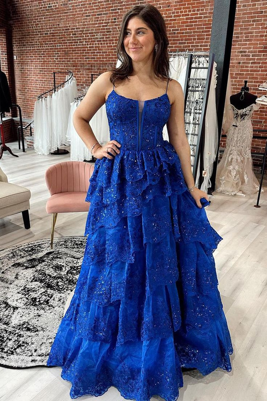 Royal Blue Straps Tiered A-Line Prom Dress with Sequins  cc738