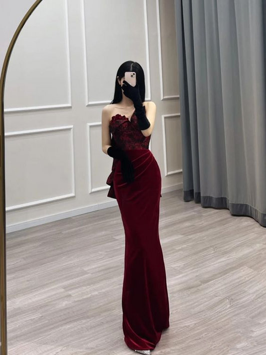 Sexy Mermaid Sweetheart Velvet Burgundy Long Prom Dress  cc1110