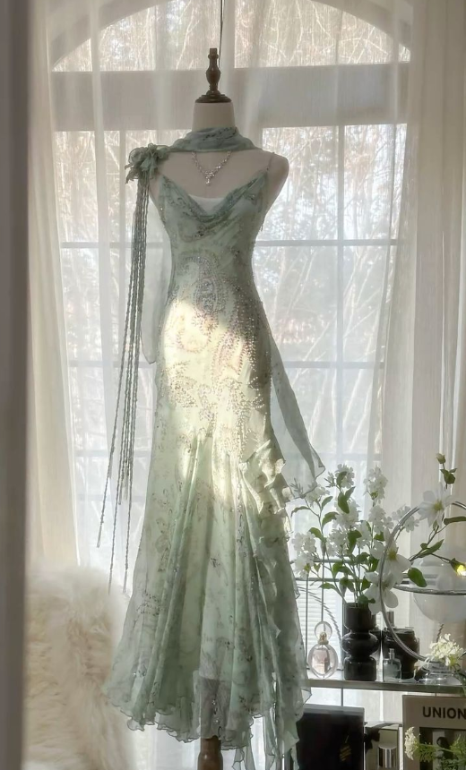 Elegant Spaghetti Straps Chiffon Beaded Ruffle Prom Dress,Mermaid Party Evening Dress cc2812