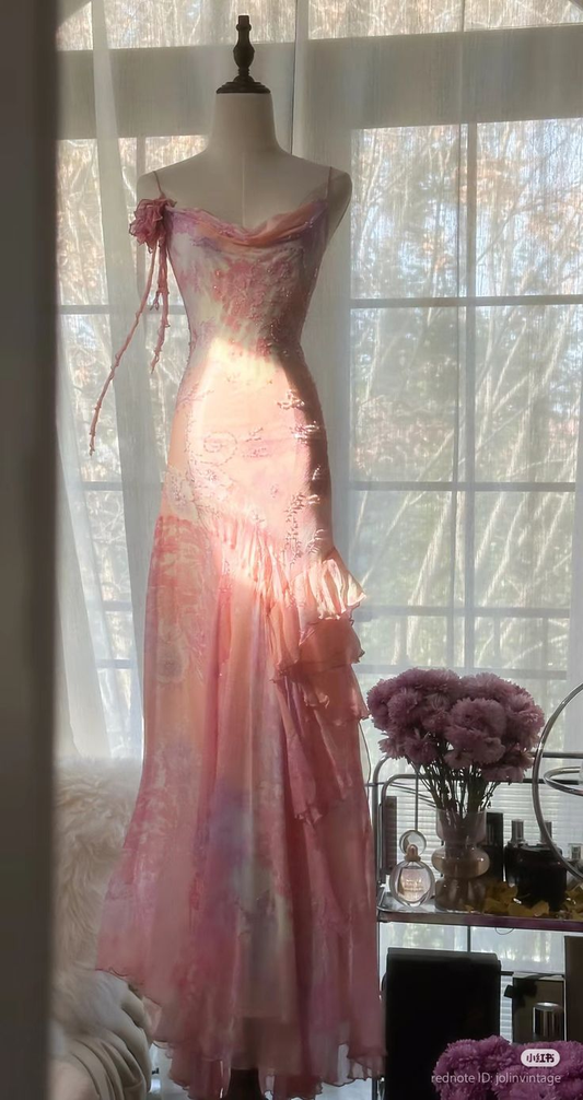 Glamorous Pink Chiffon Print Floral Beaded Evening Dress,Long Mermaid Prom Party Gown cc2867