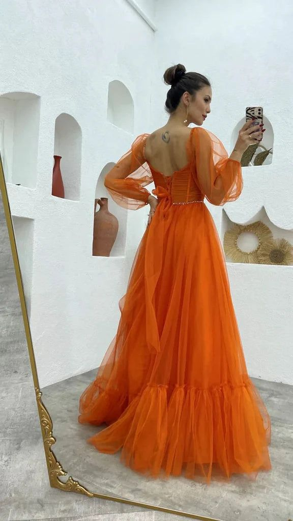 A Line Tulle Orange Long Sleeves Long Prom Dress Long Evening Dress cc1280