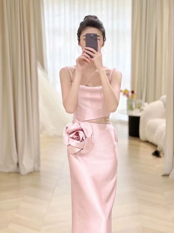 Elegant Pink Straps Sheath Prom Dress Evening Dress With Rose Flowers cc2169
