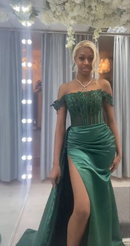 Elegant Green Off The Shoulder Evening Dress With Split  cc1169