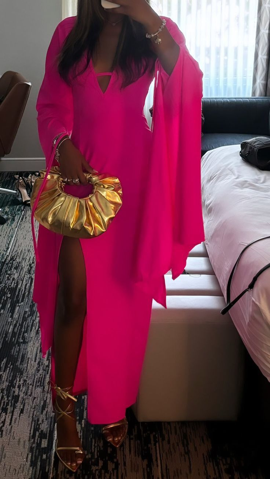 Chic Hot Pink V Neck Long Prom Dress Sexy Slit Party Dress cc2411