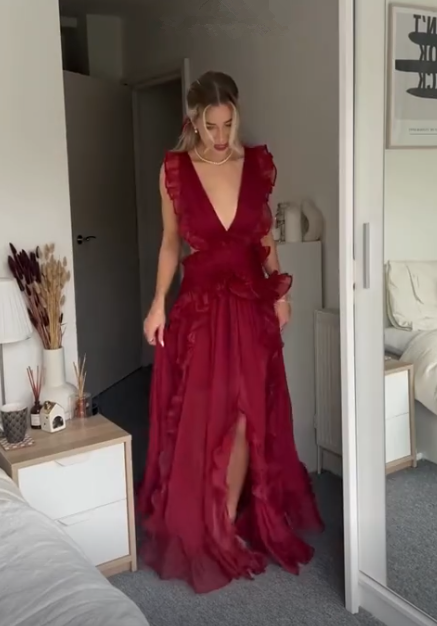 Sexy Burgundy Deep V Neck Chiffon Ruffles Slit Party Dress Long Prom Evening Dress cc1858