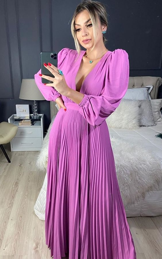 Sexy A-line Deep V Neck Long Sleeves Prom Dress cc908