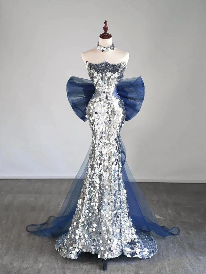 Glitter Silver Sequins Long Evening Dress Mermaid Prom Dress With Bow cc2063