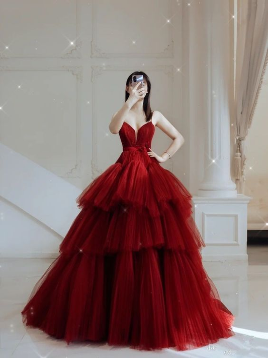 A-line Red Multi Tulle Prom Dress,Red Princess Dress cc969