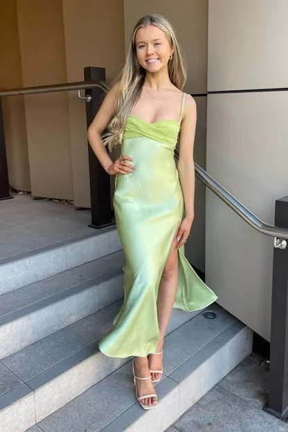 Chic Sage Green Straps Party Dress Slit Prom Evening Dress cc2068