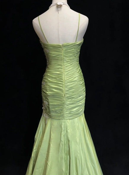 Gorgeous Green Mermaid Satin Beaded Sequin Party Evening Dress,Spaghetti Strap Long Prom Dress cc2997