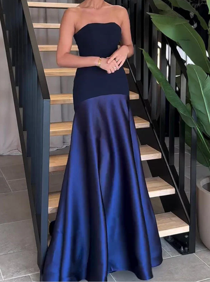 Sexy Strapless Navy Blue Long Prom Dress Formal A Line Evening Dress cc1516