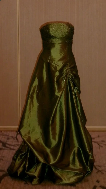 Elegant Green A-line Rhinestone Embellished Satin Long Prom Dress Evening Dress cc5404