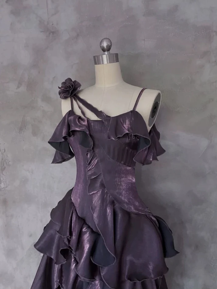 Purple Irregular Ruffle Spaghetti Straps Prom Dress Long Layered Birthday Dress Party Dress cc1460