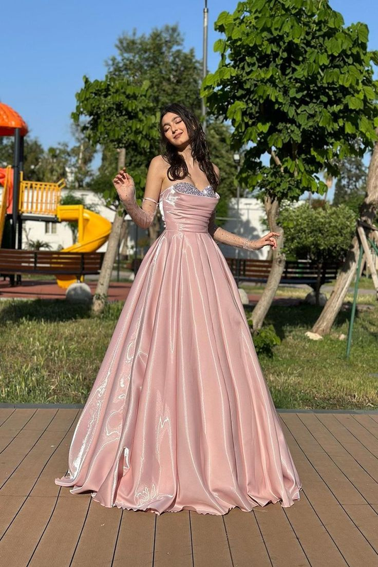 Elegant Pink Satin Beaded Evening Dress Formal Prom Dress With Gloves cc1660