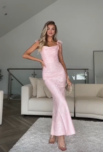 Pretty Straps Floral Print Prom Evening Gown Pink Mermaid Party Dress cc1611