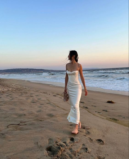 Spaghetti Straps White Satin Long Party Dress Prom Evening Gown cc1377