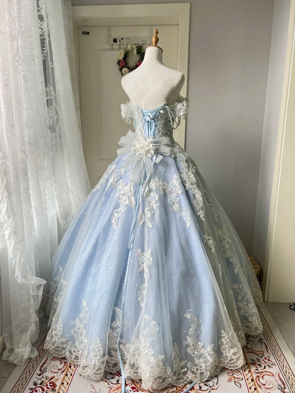 Princess Light Blue Lace Tulle Ball Gown Evening Dress Sweet 16 Dress cc5347