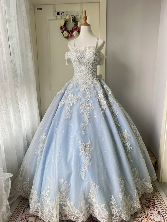 Princess Light Blue Lace Tulle Ball Gown Evening Dress Sweet 16 Dress cc5347